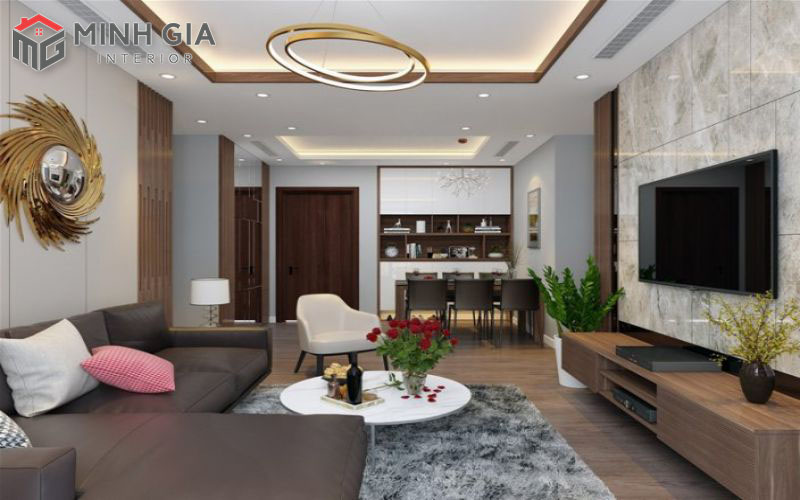 Top 10 Mẫu thiết kế nội thất chung cư đẹp nhất hiện nay Mẫu nội thất chung cư nhỏ với gam màu nâu sẫm và trắng xám tương phản, nổi bật